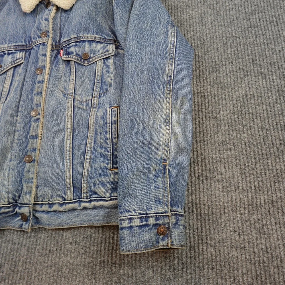 Levis Premium Denim Jacket Mens Small Blue Sherpa Lined Bomber Button Insulated